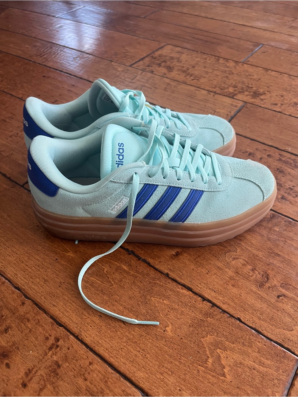 adidas Mint Green Suede Sneakers with Blue Stripes